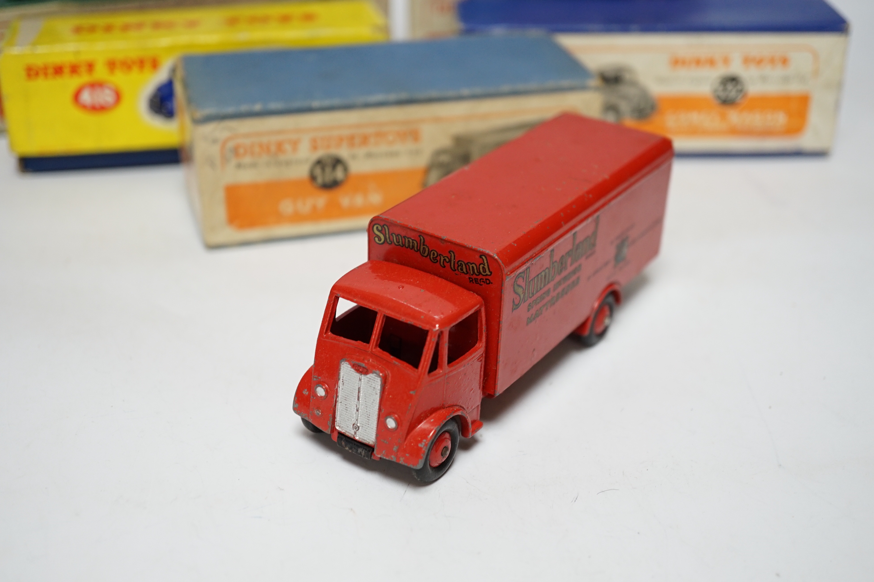 Three boxed Dinky Supertoys; (514) a Guy Slumberland Van, (504) a Foden 14 ton Tanker, and a (532) Comet Wagon with hinged tailboard, together with two useful empty boxes for a second Comet Wagon (418) and a Guy 4 ton Lo